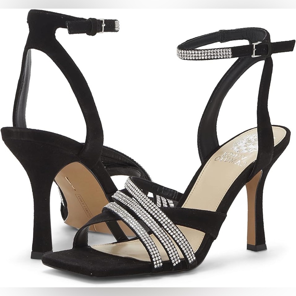 VINCE CAMUTO Brevern Suede Square Toe Ankle Strap Bling Heeled Sandal Black Sz 7